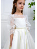 Ivory Lace Satin Handmade Pearl Belt Flower Girl Dress